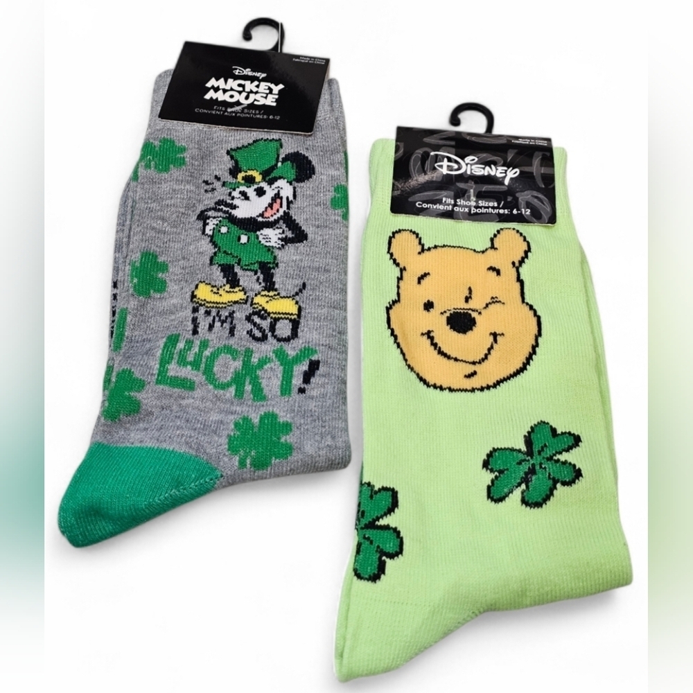 Disney Adult Socks Mickey and Pooh St. Patrick's Day. Size 6-12, New.